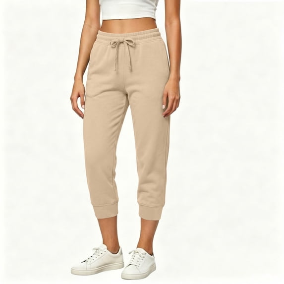 ZHYou No Boundarie Womens Fleece Capris High Waist Drawstring Elastic Cuffed Leg Cropped Jogger Pants with Pockets,Beige,Size M