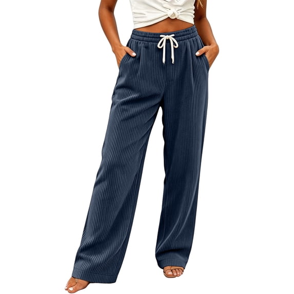 ZHYou No Boundarie Womens Pants Corduroy Drawstring Wide Leg Elastic High Waisted Soft Knit Loose Fit Casual Trousers with Pockets,Navy,Size 3XL
