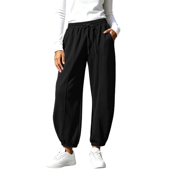 ZHYou No Boundarie Womens Sweatpants High Waist Drawstring Baggy Fleece Vertical Seam Cuffed Leg Jogger Pants with Side Pockets,Black,Size M