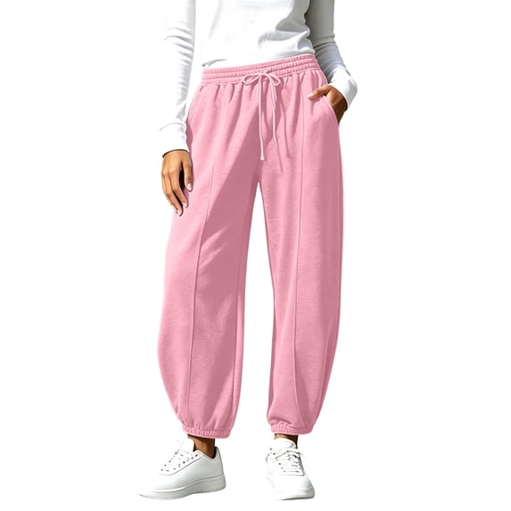 ZHYou No Boundarie Womens Sweatpants High Waist Drawstring Baggy Fleece Vertical Seam Cuffed Leg Jogger Pants with Side Pockets,Pink,Size L