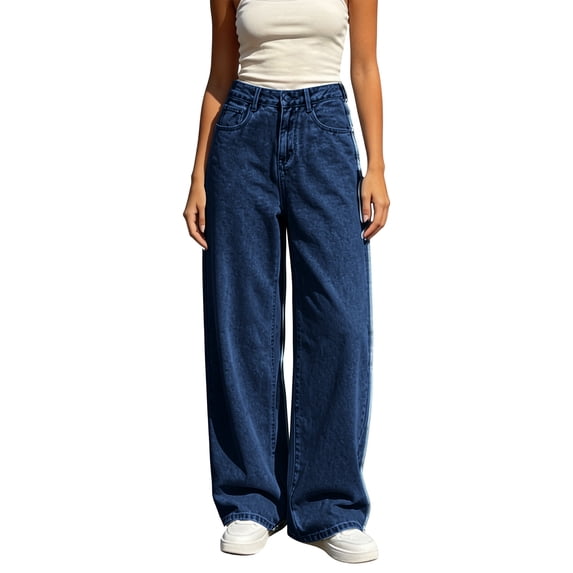 ZHYou No Boundarie Womens Wide Leg Jeans High Waist Contrast Side Washed Baggy Fit Pull On Flowy Denim Pants,Dark Blue,Size M