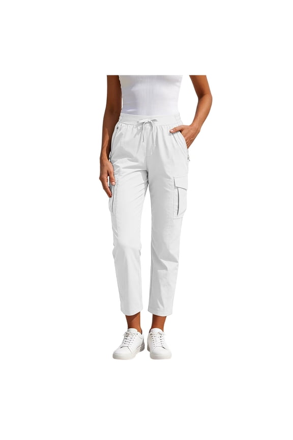 No Boundarie Cargo Pants for Women with Side Flat Pockets Stretchy Waist Straight Leg Jogger Drawtring Summer Trousers White Size M