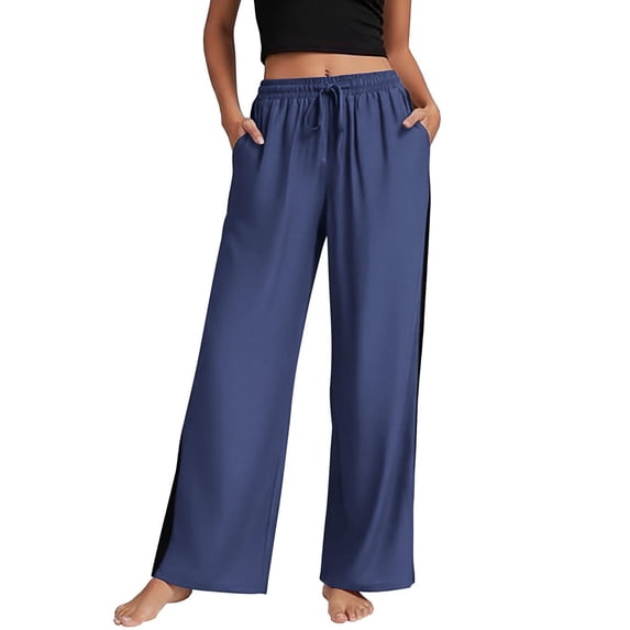 ZHYou No BoundarieWide Leg Pants for Women Drawstring Side Stripe Elastic Waist with Pockets Loose Fit Flowy Casual Summer Trousers Navy Size L