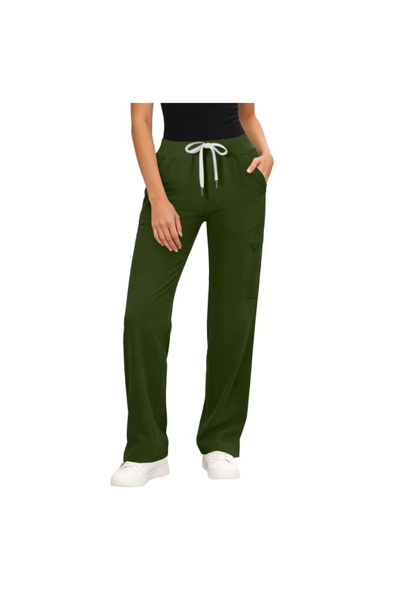 No Boundarie Womens Drawstring Scrub Pants with Pockets Elastic Waist Stretchy Comfy Nursing Uniform Pants for Daily Work Army Green Size S