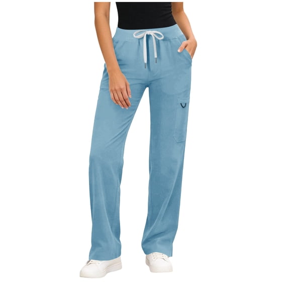 ZHYou No Boundarie Womens Drawstring Scrub Pants with Pockets Elastic Waist Stretchy Comfy Nursing Uniform Pants for Daily Work Light Blue Size S