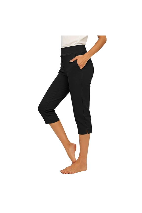 No Boundarie Womens Summer Capri Pants High Waisted Split Hem Stretchy Pull On Comfy Casual Cropped Trousers with Pockets Black Size L