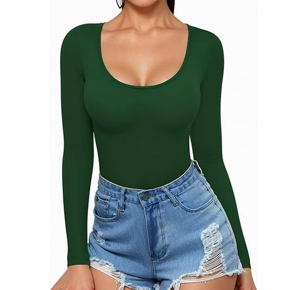 ZHYou No Boundaries Basic Tops for Women,Slim Fit,Scoop Neck,Long Sleeve,Comfy Tops,Form Fitting,Pullover Tees,Green,Size XS