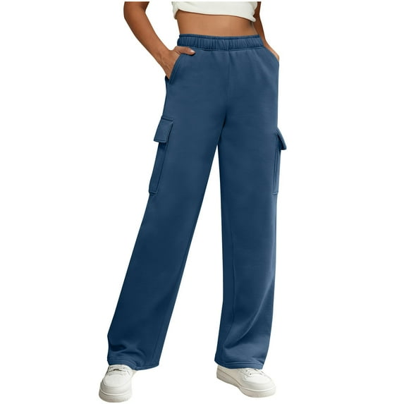 ZHYou Cargo Sweatpants for Women,High Waist,Elastic Waistband,Side Pockets,Wide Leg Joggers,Navy,Size XL