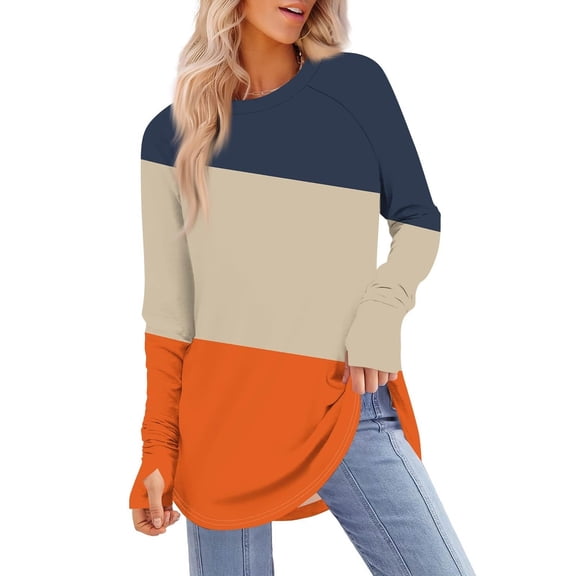 ZHYou Color Block Tops,Oversized,Long Sleeve,Casual Shirts,Soft Pullover Colorblock Blouses,Orange,Size XL