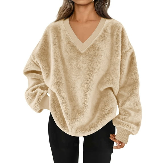 ZHYou Fleece Plush Sweatshirts for Women Oversized V Neck Soft Warm Sweaters for Fall Winter,Khaki,Size M