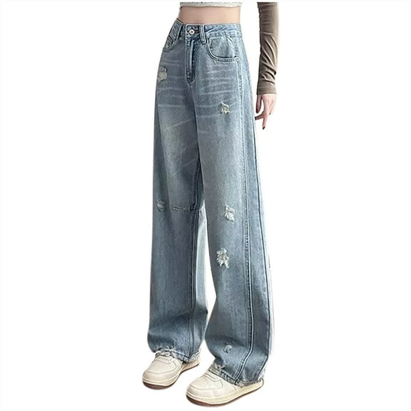 ZHYou No Boundaries Jeans for Women,Wide Leg,Vintage,High Waisted,Baggy,Pull On,Washed Denim Pants with Ripped Accents,Blue,Size M