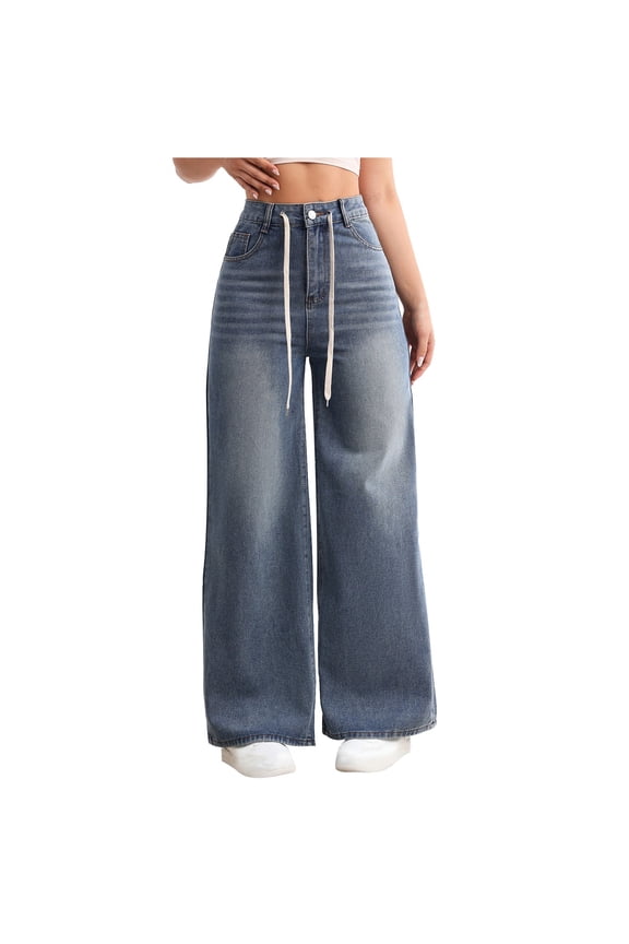 Jeans for Womens,Wide Leg,High Rise,Baggy Fit,Denim Pants,Trousers with Drawstring Waist for Casual Chic,Blue,Size XS