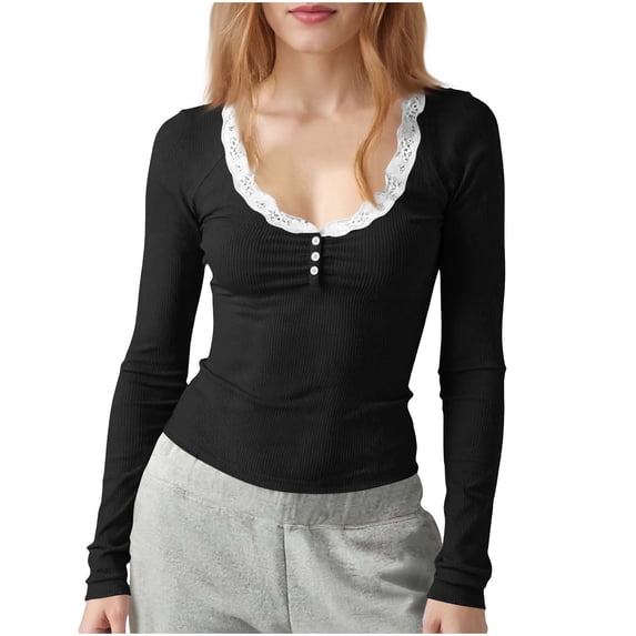 ZHYou Lace Trim Long Sleeve Shirts for Women,Slim Fit Stretchy Soft Button Detail Patchwork Tops,Black,Size S