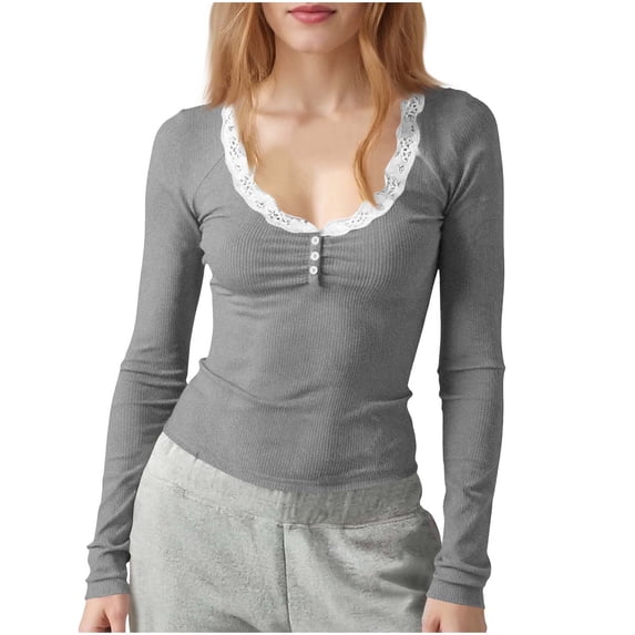ZHYou Lace Trim Long Sleeve Shirts for Women,Slim Fit Stretchy Soft Button Detail Patchwork Tops,Bronze,Size XL