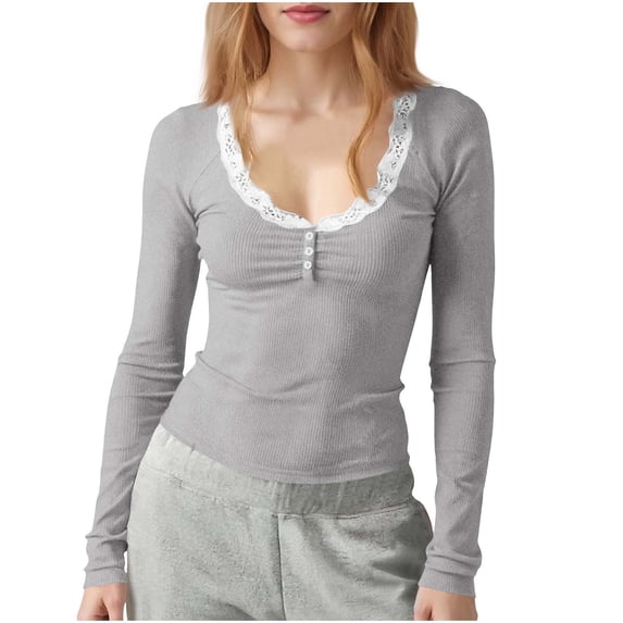 ZHYou Lace Trim Long Sleeve Shirts for Women,Slim Fit Stretchy Soft Button Detail Patchwork Tops,Gray,Size XL