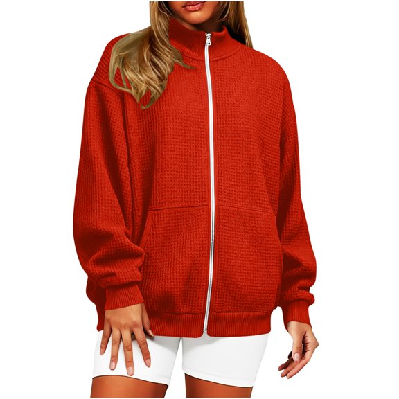 ZHYou Oversized Waffle Knit Zip-Up Jackets for WomenHigh Neck Full Zip Side Pockets Ribbed Cuffs Hem Warm Sweatshirts ,Red,Size XL