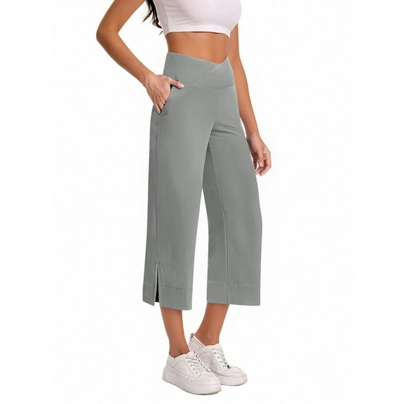ZHYou Pants for Womens,High Waisted,Cropped,Wide Leg,Baggy Trousers with Side Slits,Gray,Size 2XL