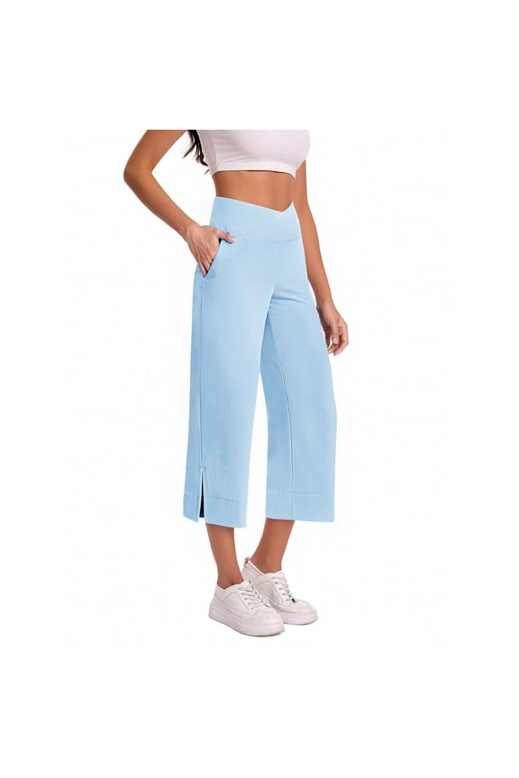 Pants for Womens,High Waisted,Cropped,Wide Leg,Baggy Trousers with Side Slits,Light Blue,Size 2XL