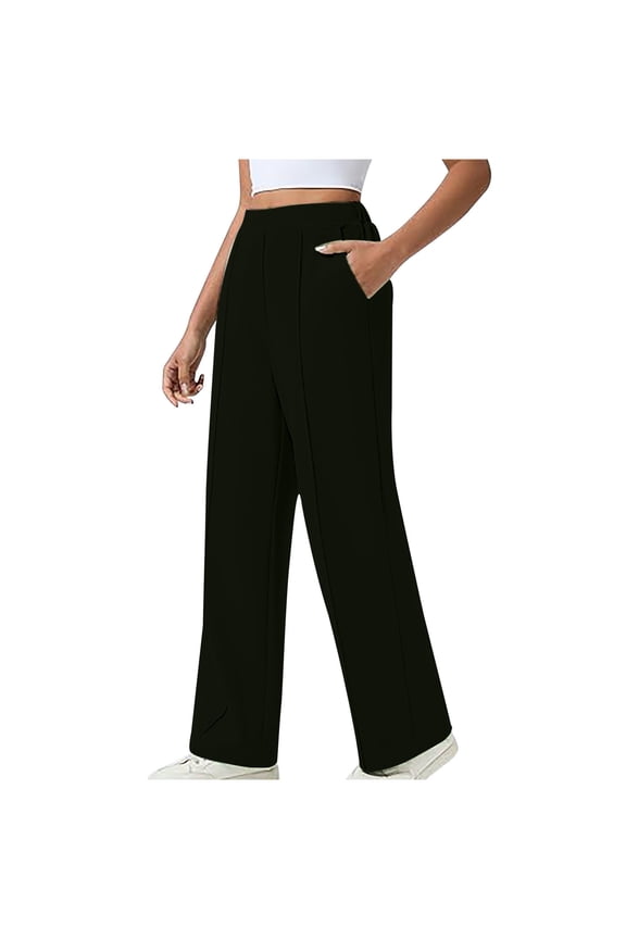 Straight Leg Pants for Women,Stretchy Button Business Casual Work Trousers,Knit Elastic Waist Slacks,Black,Size L