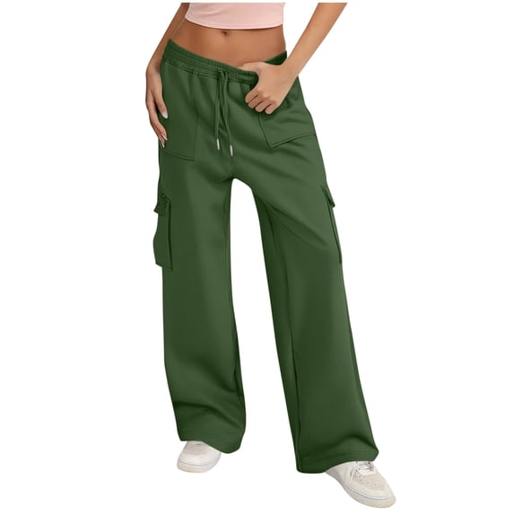 ZHYou Sweatpants Womens Cargo Pants,Fleece Lined,Wide Leg Joggers,Baggy Drawstring,Nairi Sweat Pants with Pockets,Army Green,Size XL