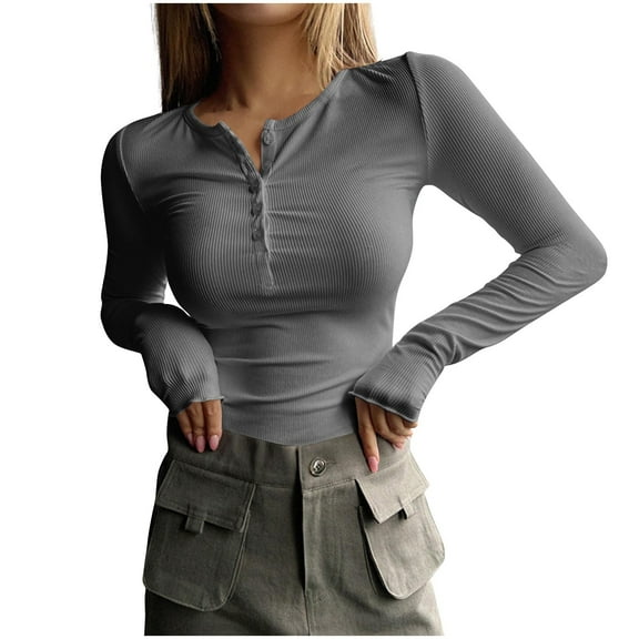 ZHYou Tops for Women,Slim Fit,Ribbed Kint,Henley Collar,Long Sleeve Crew Neck Button Accent Stretchy Soft Tops,Gray,Size XL