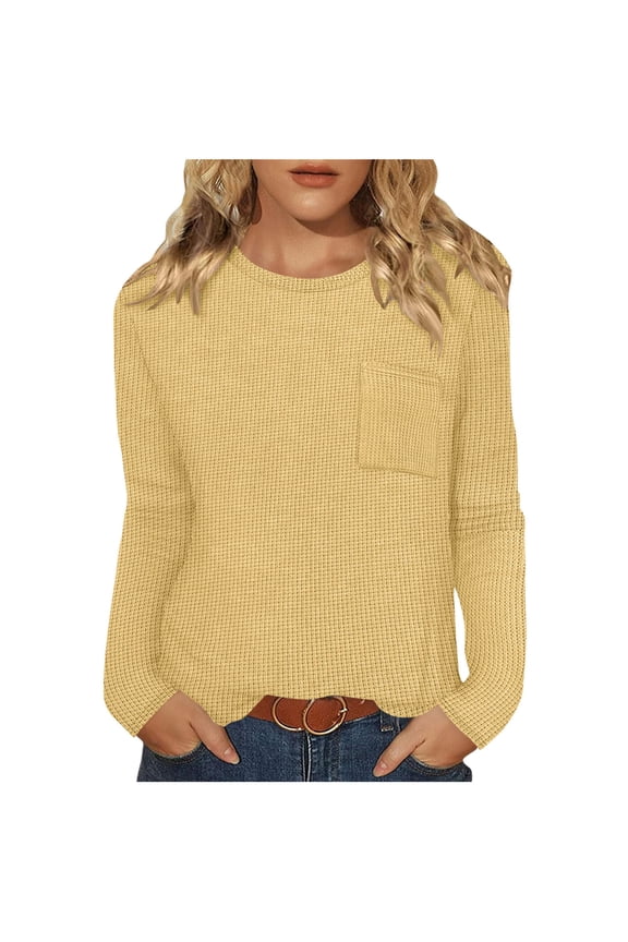 Tops for Women,Waffle Knit,Long Sleeve,Crew Neck,Chest Pocket,Casual Tunic Shirts,Soft Textured Basic Tees,Yellow,Size S