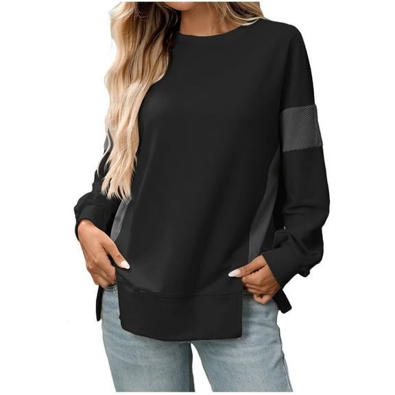 ZHYou No Boundaries Women Color Block Oversized Sweatshirts,Long Sleeve,Crew Neck,Split Hem,Loose Fit,Casual Stylish Pullover Tops,Black,Size 2XL