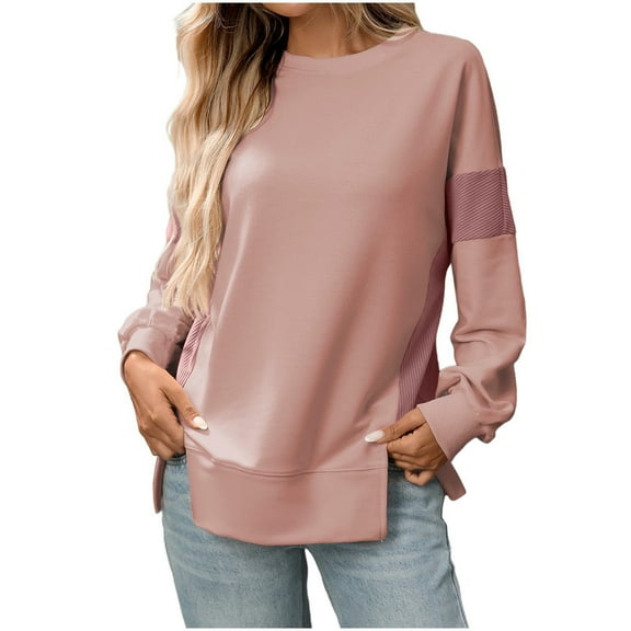 ZHYou Women Color Block Oversized Sweatshirts,Long Sleeve,Crew Neck,Split Hem,Loose Fit,Casual Stylish Pullover Tops,Pink,Size 2XL