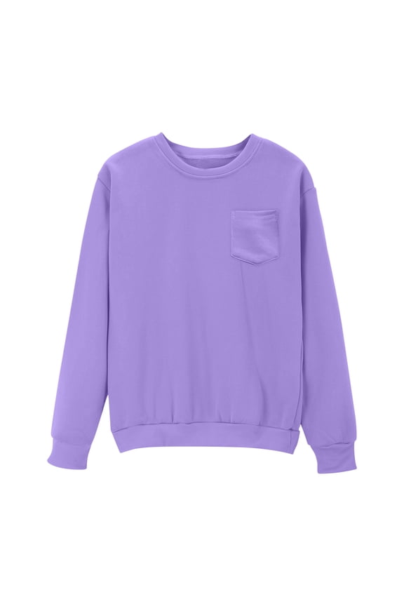 Women Crew Neck Long Sleeve Sweatshirts,Soft,Stretchy Tops with Chest Pocket,Casual Basic Tees,Purple,Size 2XL