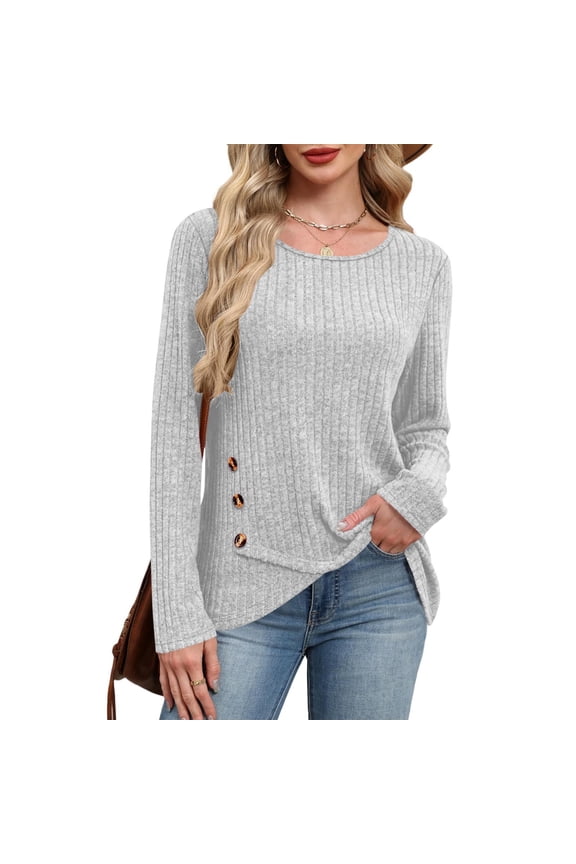 Women Cross Wrap Ribbed Knit Sweaters,Long Sleeve,Soft Stretchy Warm Casual Daily Tops with Decorative Buttons,Gray,Size 2XL