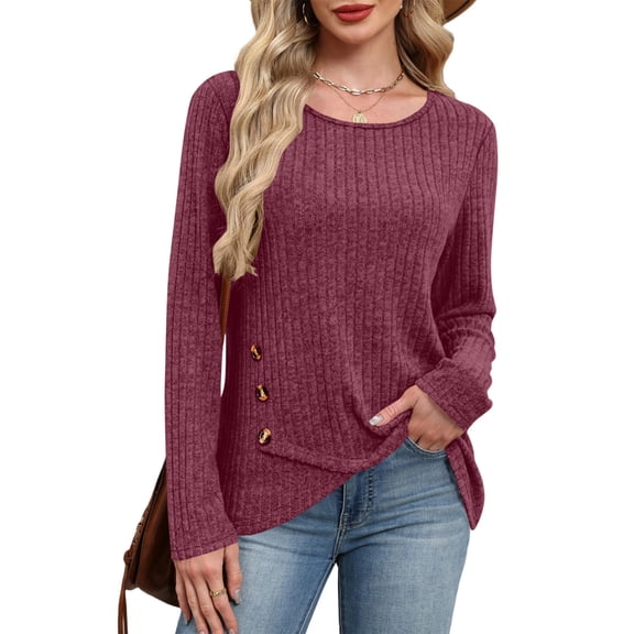 ZHYou Women Cross Wrap Ribbed Knit Sweaters,Long Sleeve,Soft Stretchy Warm Casual Daily Tops with Decorative Buttons,Hot Pink,Size L