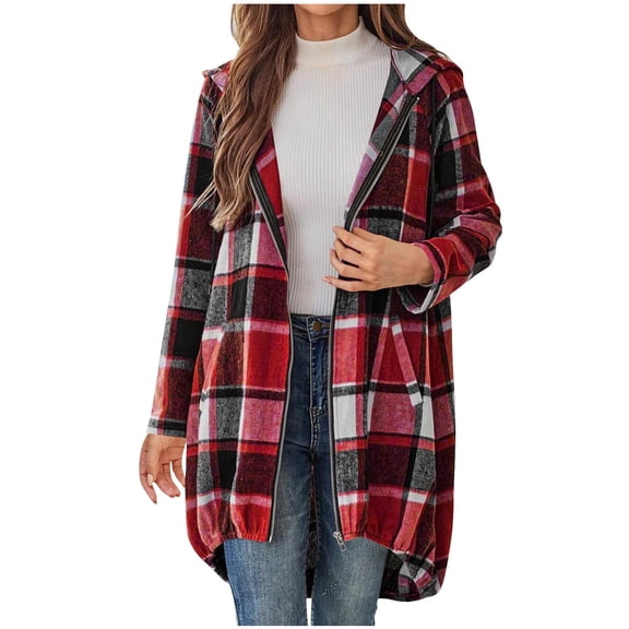 ZHYou No Boundaries Women Flannel Plaid Shacket Jackets,Oversized Zipper Up Long Shirt Jackets,Fleece Warm Thick Coats,Red,Size:M