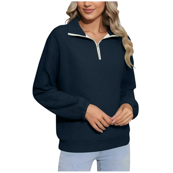 ZHYou Women Half Zip Sweatshirts,Pullover,Stand Collar,Diamond Quilted Pattern,Elastic Cuffs Soft Tops,Navy,Size 2XL
