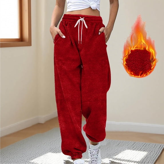 ZHYou Women High Waist Fleece Lined Sweatpants,Baggy Fit,Soft Warm Drawstring Casual Athletic Lounge Pants with Pockets,Red,Size 2XL