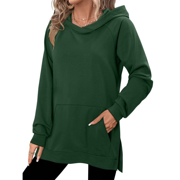 ZHYou Women Long Hooded Sweatshirts,Pullover,Casual Basic Tops,Soft,Side Split Hoodies for Women,Army Green,Size XL