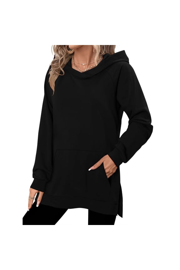 Women Long Hooded Sweatshirts,Pullover,Casual Basic Tops,Soft,Side Split Hoodies for Women,Black,Size XL