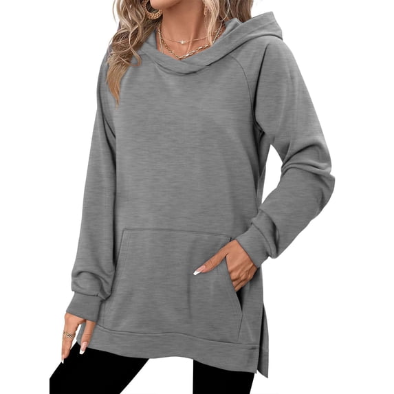 ZHYou Women Long Hooded Sweatshirts,Pullover,Casual Basic Tops,Soft,Side Split Hoodies for Women,Gray,Size 2XL