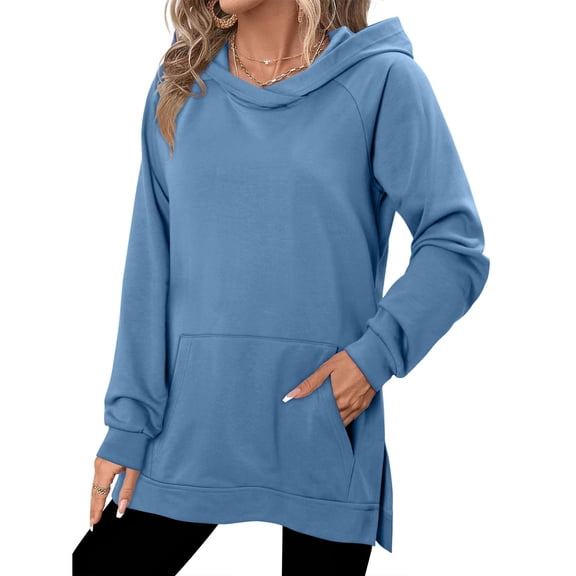 ZHYou Women Long Hooded Sweatshirts,Pullover,Casual Basic Tops,Soft,Side Split Hoodies for Women,Light Blue,Size M