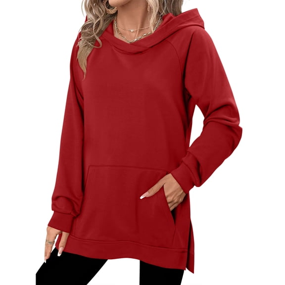 ZHYou Women Long Hooded Sweatshirts,Pullover,Casual Basic Tops,Soft,Side Split Hoodies for Women,Red,Size XL