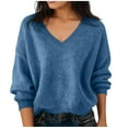 thumbnail image 1 of ZHYou Women Oversized V Neck Knit Sweaters,Soft Stretchy Loose Fit Casual Basic Tops,Blue,Size 3XL, 1 of 5