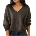 thumbnail image 1 of ZHYou Women Oversized V Neck Knit Sweaters,Soft Stretchy Loose Fit Casual Basic Tops,Brown,Size M, 1 of 5