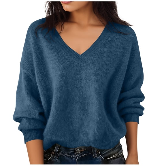ZHYou No Boundaries Women Oversized V Neck Knit Sweaters,Soft Stretchy Loose Fit Casual Basic Tops,Navy,Size S