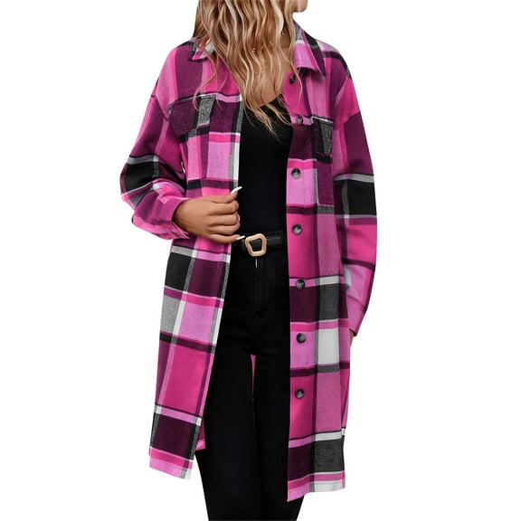 ZHYou Women Plaid Wool Blend Trench Coat,Checkered Flannel Overcoat Jacket,Long Sleeve Fall Winter Outerwear,Hot Pink,Size:XL