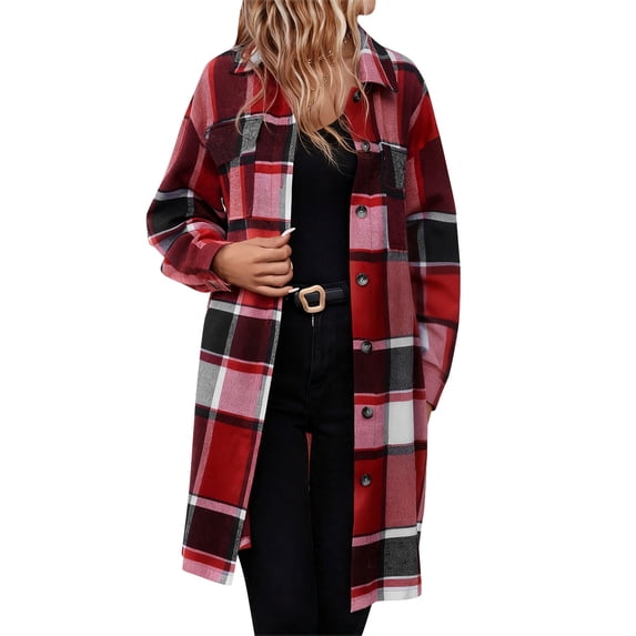 ZHYou Women Plaid Wool Blend Trench Coat,Checkered Flannel Overcoat Jacket,Long Sleeve Fall Winter Outerwear,Red,Size:M