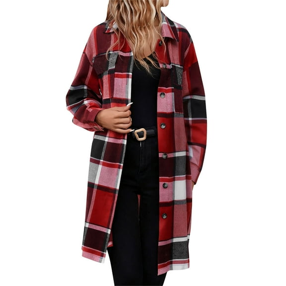 ZHYou No Boundaries Women Plaid Wool Blend Trench Coat,Checkered Flannel Overcoat Jacket,Long Sleeve Fall Winter Outerwear,Red,Size:XL