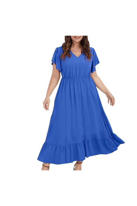 Women Plus Size Maxi Dresses, V Neck, Short Flutter Sleeves, Elastic Waist, Ruffle Hem, Soft Flowy Casual Dresses,Blue,L