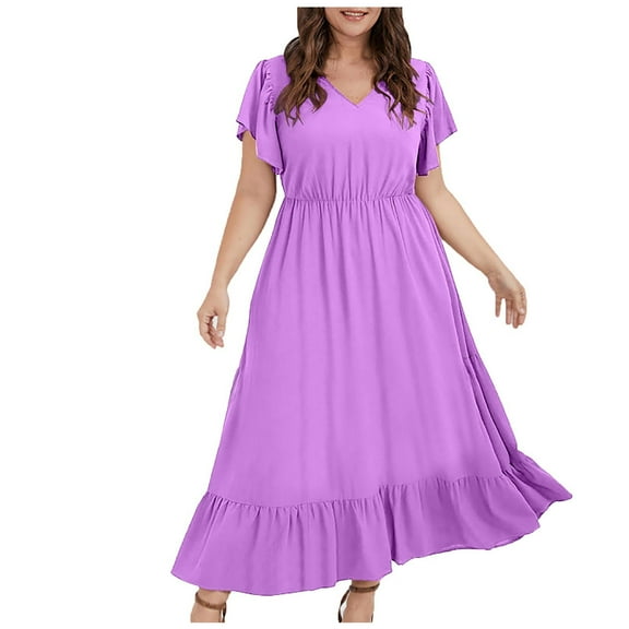 ZHYou Women Plus Size Maxi Dresses, V Neck, Short Flutter Sleeves, Elastic Waist, Ruffle Hem, Soft Flowy Casual Dresses,Purple,4XL
