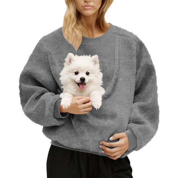 ZHYou Women Plush Fleece Sweatshirts,Cozy Loose Fit Long Sleeve Crew Neck Soft Comfy Casual Daily Wear with Pet Pocket,Gray,Size 2XL