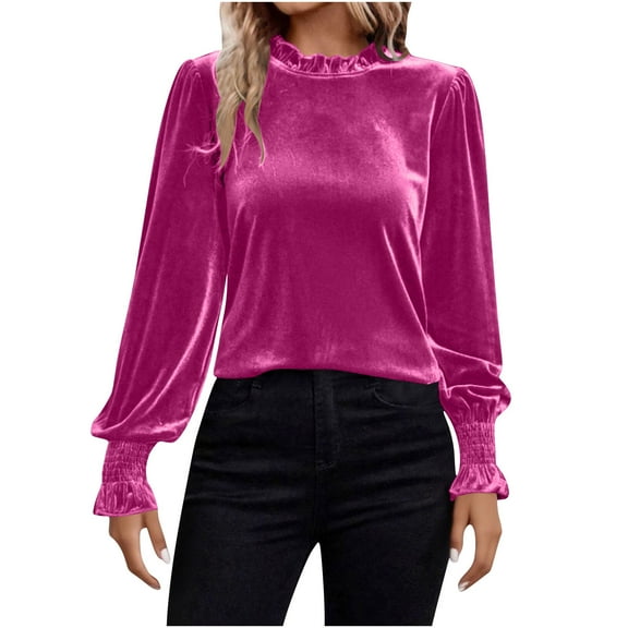 ZHYou Women Ruffle Neck Velvet Blouses,Long Sleeve Stretchy Daily Party Wear Shirts,Hot Pink,Size L