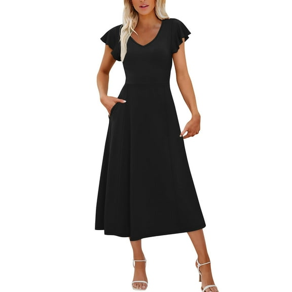 ZHYou Women Ruffle Sleeve, V Neck, Midi Dresses, Flared Skirt, Comfortable Soft Breathable Lightweight Casual Party Dresses,Black,L